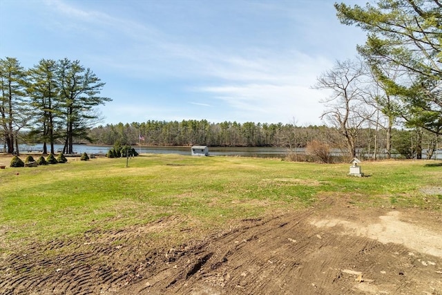 view of yard featuring a wooded view and a water view