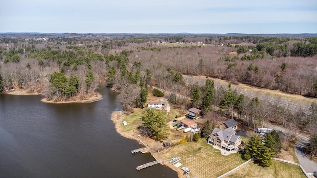 bird's eye view featuring a view of trees and a water view