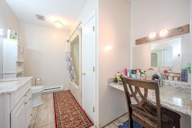 342 Townsend Rd, Groton, MA 01450 - full bath featuring a baseboard heating unit, vanity, toilet, shower / bath combo, and tile patterned flooring