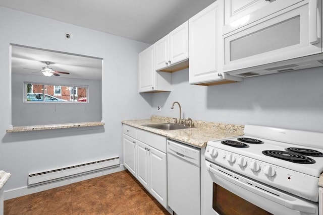 18 Pond St Unit 2, Boston, MA 02130 - kitchen featuring white appliances, a baseboard radiator, a sink, and white cabinets