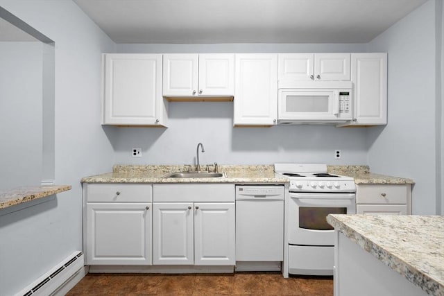 18 Pond St Unit 2, Boston, MA 02130 - kitchen featuring white appliances, a sink, a baseboard radiator, white cabinetry, and light stone countertops