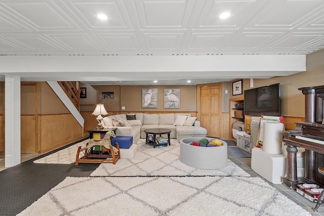 4 Elizabeth Rd, Hudson, MA 01749 - carpeted living room featuring recessed lighting, wood walls, a wainscoted wall, and an ornate ceiling