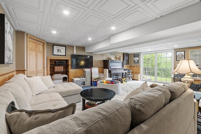 4 Elizabeth Rd, Hudson, MA 01749 - living room with recessed lighting, an ornate ceiling, and a wainscoted wall