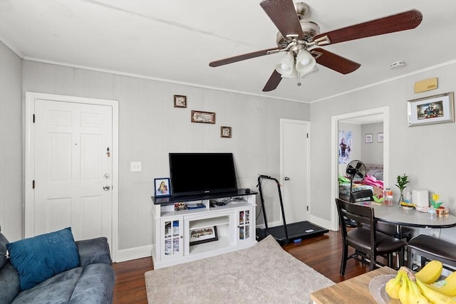 135 Snell, Fall River, MA 02721 - living area featuring dark wood-style flooring, ornamental molding, and a ceiling fan