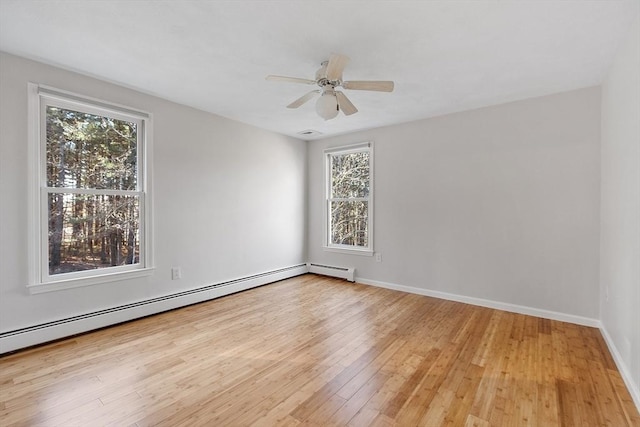 unfurnished room with ceiling fan, a healthy amount of sunlight, baseboard heating, and light hardwood / wood-style flooring