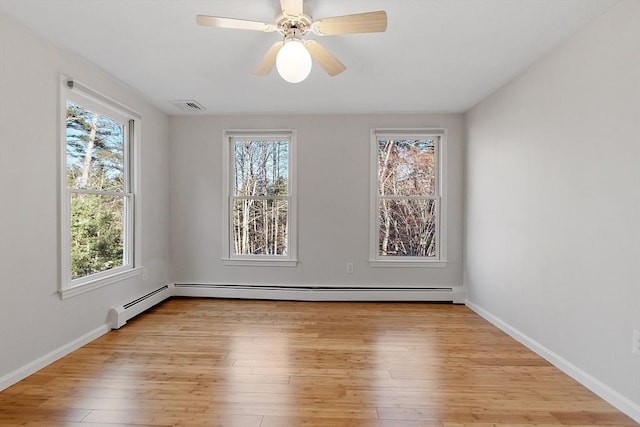 empty room with ceiling fan and light hardwood / wood-style floors