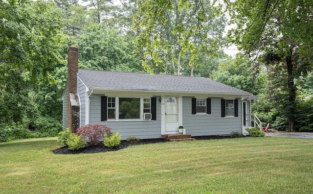 210 Walnut St, Bridgewater, MA 02333 - ranch-style home featuring a chimney, entry steps, a front yard, and roof with shingles
