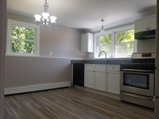 65 Reservoir St Unit 65, Holden, MA 01520 - kitchen with stainless steel stove, under cabinet range hood, a baseboard radiator, a chandelier, and dark countertops