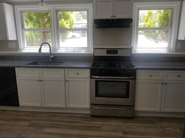 65 Reservoir St Unit 65, Holden, MA 01520 - kitchen with gas range, under cabinet range hood, a sink, dishwasher, and white cabinetry