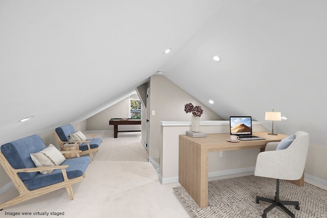 office space featuring pool table, vaulted ceiling, and light colored carpet