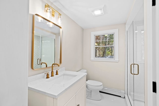 bathroom with vanity, a baseboard radiator, toilet, and a shower with door