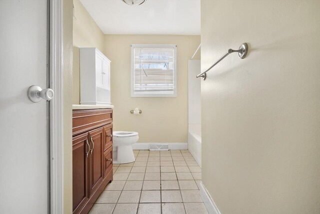 bathroom with tile patterned flooring, toilet, visible vents, vanity, and baseboards