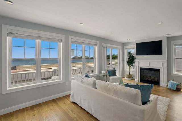 1089 Winthrop Ave Unit A, Revere, MA 02151 - living room with baseboards, a glass covered fireplace, light wood-type flooring, and recessed lighting