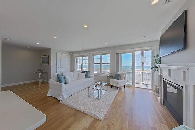 1089 Winthrop Ave Unit A, Revere, MA 02151 - living room featuring baseboards, light wood-style flooring, a glass covered fireplace, and recessed lighting