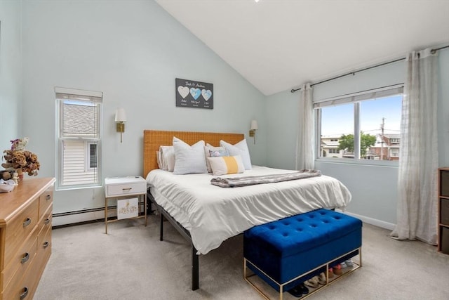 40 Fowler Ave, Revere, MA 02151 - bedroom with baseboard heating, light carpet, high vaulted ceiling, and baseboards