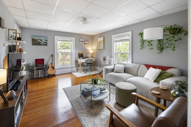 38 Spring St, Somerville, MA 02143 - living area featuring a paneled ceiling, healthy amount of natural light, a desk, and wood finished floors