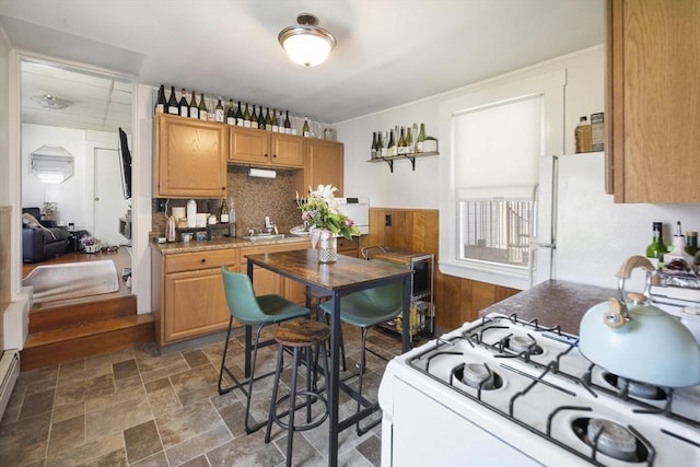 38 Spring St, Somerville, MA 02143 - kitchen with white appliances, dark stone finish floors, decorative backsplash, wainscoting, and light countertops