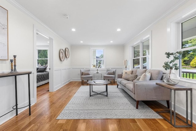14 Corcoran Rd, Burlington, MA 01803 - living area with ornamental molding, light wood-style floors, recessed lighting, and wainscoting