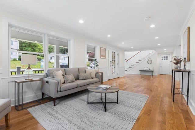 14 Corcoran Rd, Burlington, MA 01803 - living room featuring stairway, crown molding, light wood-type flooring, and recessed lighting