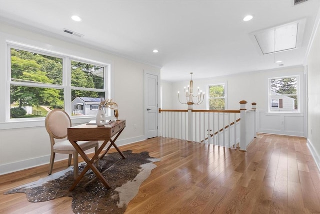 14 Corcoran Rd, Burlington, MA 01803 - office with attic access, light wood-type flooring, a chandelier, ornamental molding, and recessed lighting