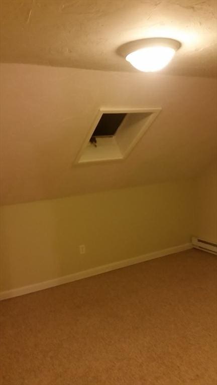 additional living space featuring baseboard heating, carpet floors, and vaulted ceiling