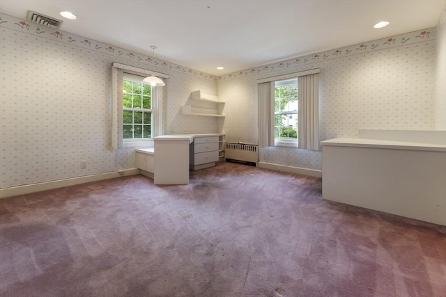 9 Dennison Rd, Worcester, MA 01609 - unfurnished bedroom featuring radiator heating unit, multiple windows, carpet, wallpapered walls, and recessed lighting
