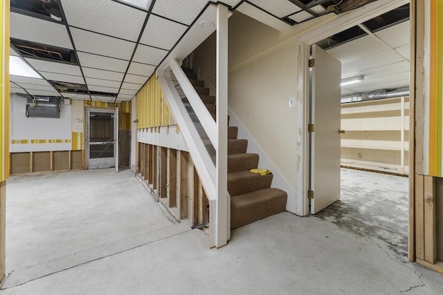9 Dennison Rd, Worcester, MA 01609 - below grade area with a drop ceiling and stairway