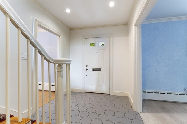 9 Dennison Rd, Worcester, MA 01609 - entrance foyer with a baseboard radiator, ornamental molding, stairs, baseboard heating, and recessed lighting