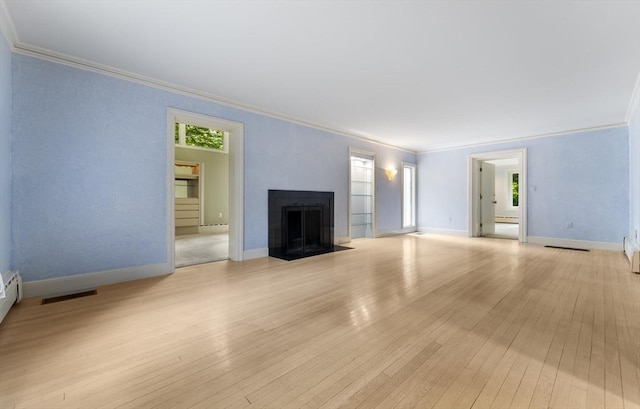 9 Dennison Rd, Worcester, MA 01609 - unfurnished living room featuring ornamental molding, light wood-type flooring, baseboards, and a fireplace with flush hearth