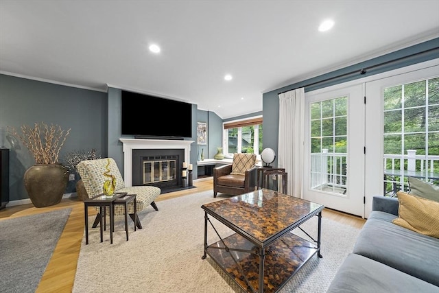 160 Pine St Unit 10, Newton, MA 02466 - living area with a fireplace with flush hearth, recessed lighting, ornamental molding, and light wood-style floors