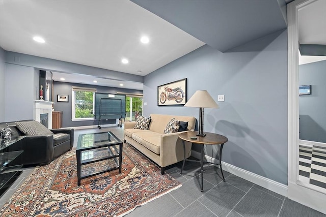 160 Pine St Unit 10, Newton, MA 02466 - living area with baseboards, recessed lighting, and a fireplace