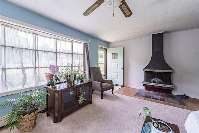 121 E St, Southampton, MA 01073 - living area featuring a wood stove, ceiling fan, and carpet floors