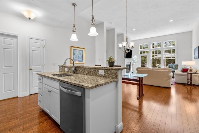 22 Grey Hawk Dr Unit 22, Mashpee, MA 02649 - kitchen with an inviting chandelier, dishwasher, a sink, open floor plan, and dark wood finished floors