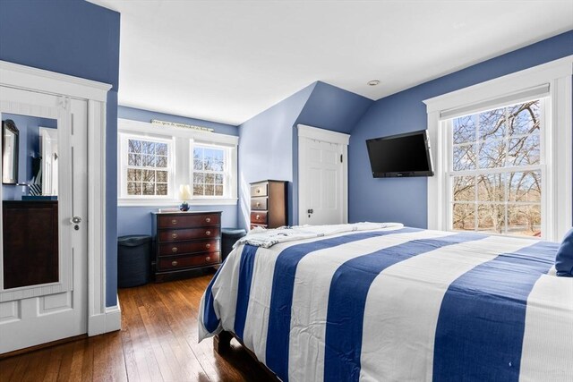 bedroom featuring dark wood-style floors and vaulted ceiling