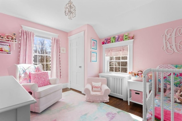 bedroom with lofted ceiling, wood finished floors, and radiator heating unit