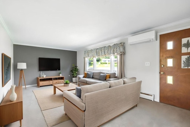 25 Saybrook Cir, South Hadley, MA 01075 - living room with a wall mounted air conditioner, baseboard heating, light colored carpet, crown molding, and baseboards