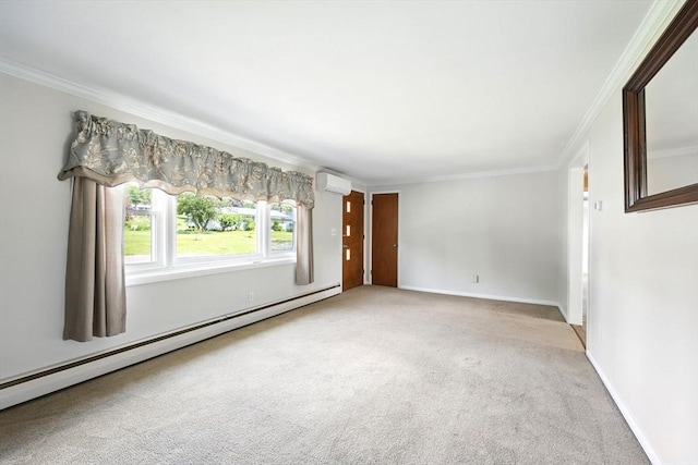 25 Saybrook Cir, South Hadley, MA 01075 - spare room featuring baseboard heating, a wall mounted air conditioner, crown molding, carpet flooring, and baseboards