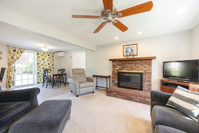 67 Jacap Dr, North Attleboro, MA 02760 - living room featuring a wall mounted air conditioner, a brick fireplace, a ceiling fan, recessed lighting, and carpet