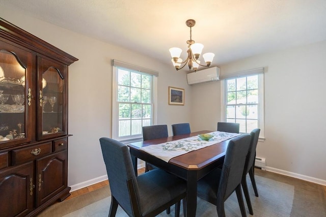 67 Jacap Dr, North Attleboro, MA 02760 - dining area with a wall unit AC, a chandelier, plenty of natural light, and a baseboard radiator