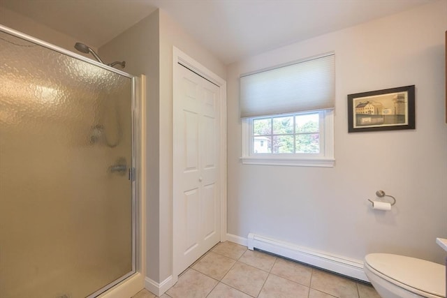 67 Jacap Dr, North Attleboro, MA 02760 - bathroom with a baseboard radiator, a shower stall, tile patterned flooring, and baseboards