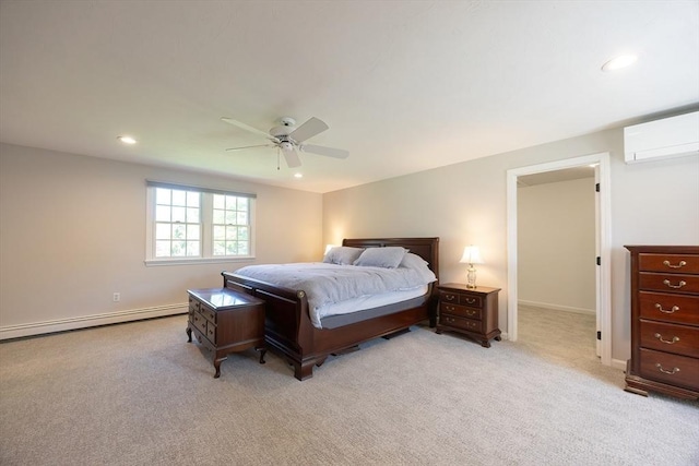 67 Jacap Dr, North Attleboro, MA 02760 - bedroom with a wall mounted air conditioner, a baseboard radiator, light carpet, recessed lighting, and a ceiling fan