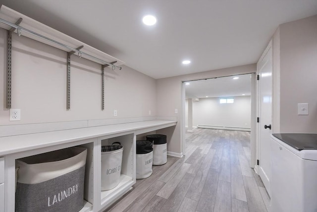 67 Jacap Dr, North Attleboro, MA 02760 - mudroom with washer / dryer, baseboard heating, light wood-style flooring, recessed lighting, and baseboards