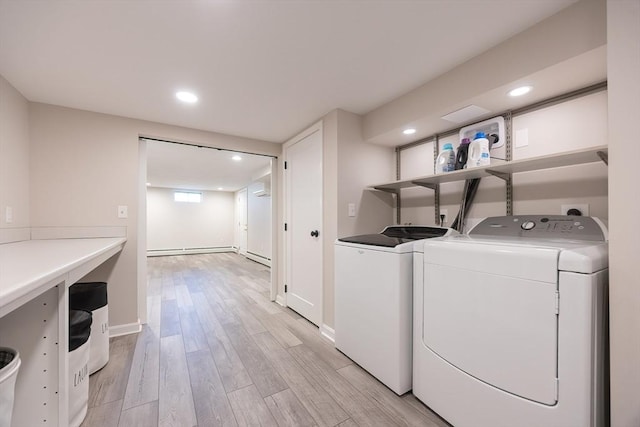 67 Jacap Dr, North Attleboro, MA 02760 - laundry room featuring independent washer and dryer, light wood-style flooring, recessed lighting, baseboards, and a baseboard heating unit