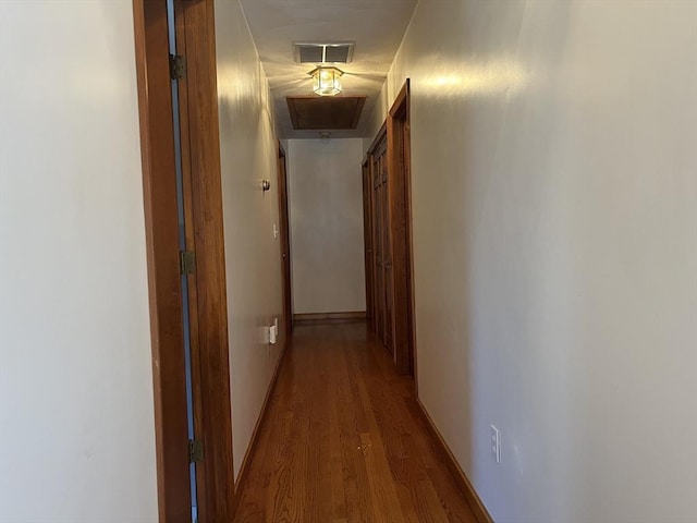 corridor with baseboards, visible vents, dark wood finished floors, and attic access