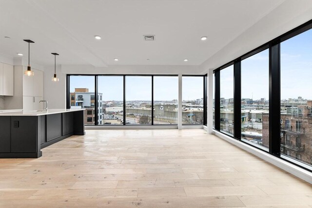 kitchen with light wood finished floors, a city view, light countertops, and dark cabinets