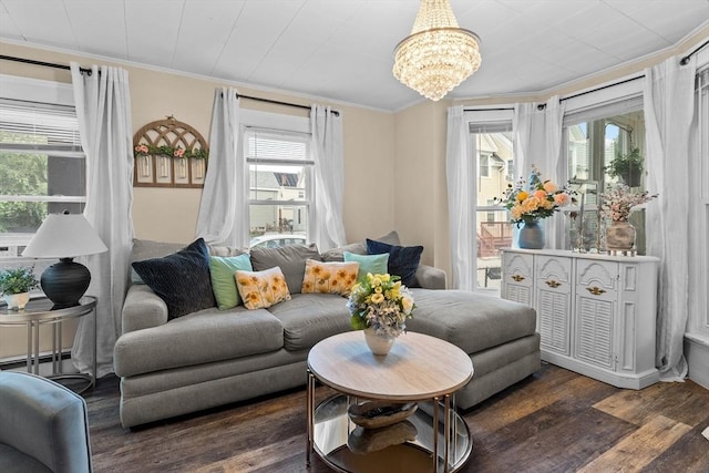 27-1/2 7th Ave, Haverhill, MA 01830 - living room with dark wood-style floors, crown molding, a chandelier, and a baseboard heating unit