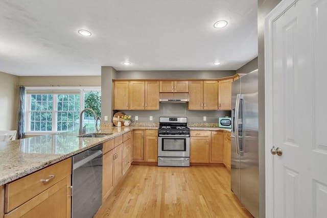1 Chase Path Unit 1, Acton, MA 01720 - kitchen featuring stainless steel appliances, a sink, under cabinet range hood, light wood-style flooring, and light stone countertops
