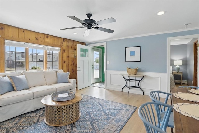 129 Northern Blvd, Newbury, MA 01951 - living room with ceiling fan, ornamental molding, wood finished floors, recessed lighting, and wainscoting
