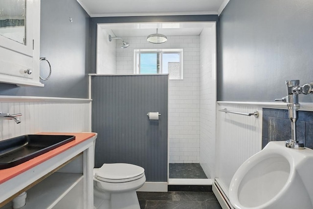 129 Northern Blvd, Newbury, MA 01951 - full bathroom with a sink, toilet, walk in shower, a wainscoted wall, and crown molding