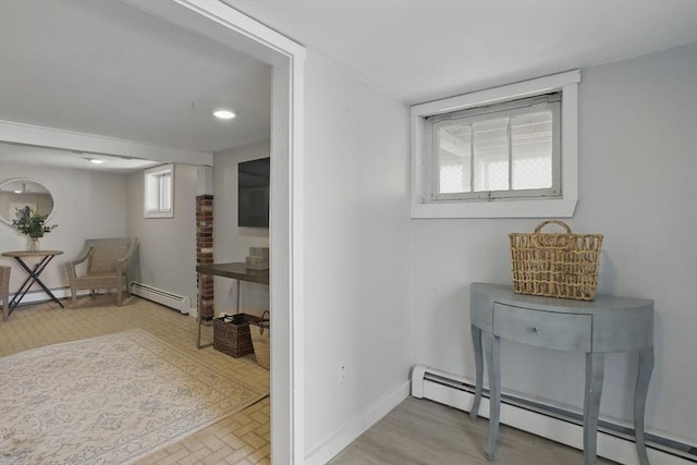 129 Northern Blvd, Newbury, MA 01951 - hall featuring a baseboard radiator, plenty of natural light, baseboards, and recessed lighting